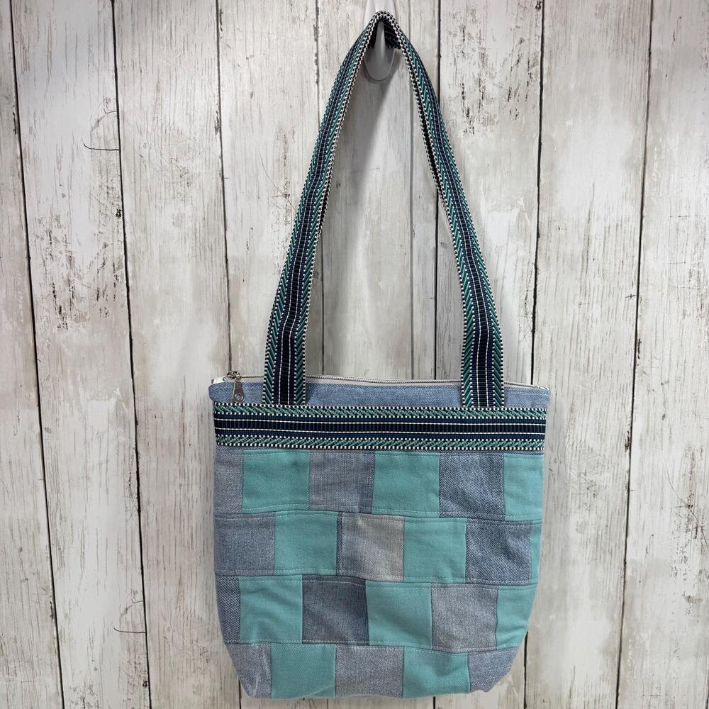 Denim Patchwork Zippered Tote Bag, Teal and Blue